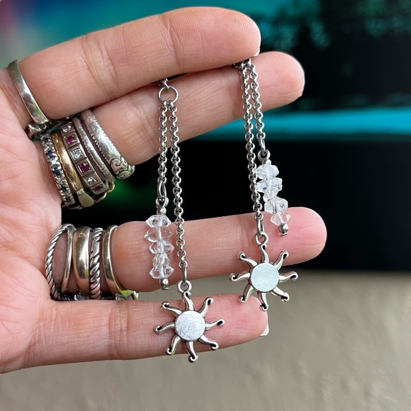Silverskylight Jewelry - Herkimer diamonds crystal sun charm earrings stainless steel post & chains boho